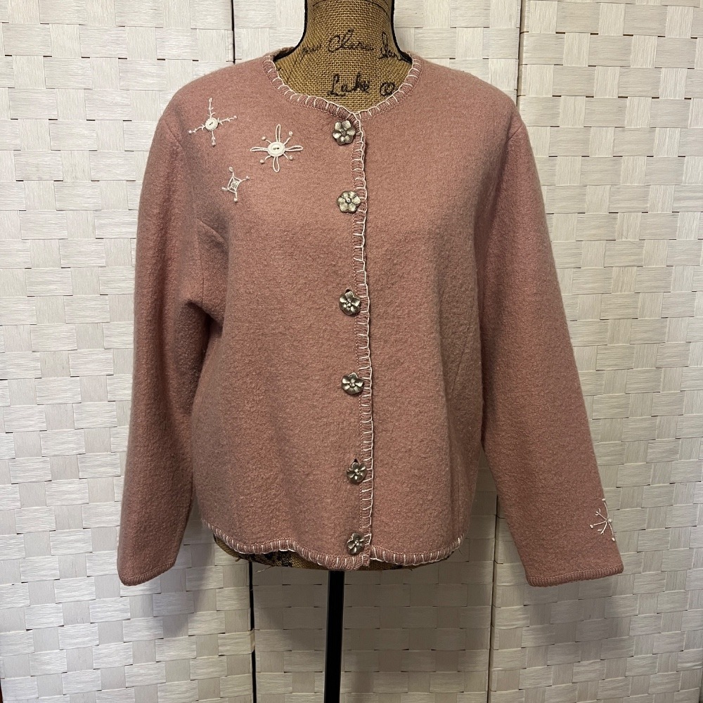Stephanie Andrews Pink Wool‎ Cardigan Sweater Embroidered Button Up Size Large
